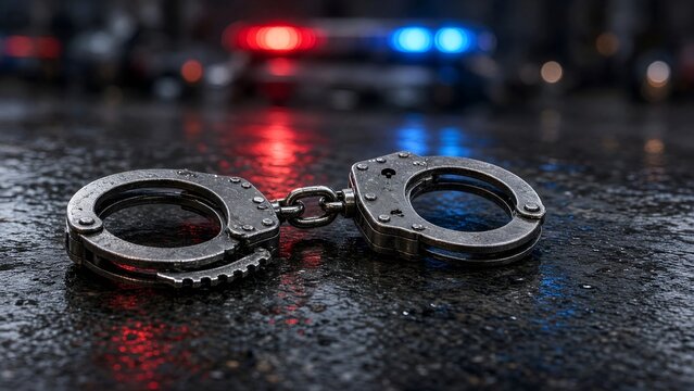 Metal Handcuffs Lying on a Dark Wet Street with Blurring Red and Blue Emergency Police Lights