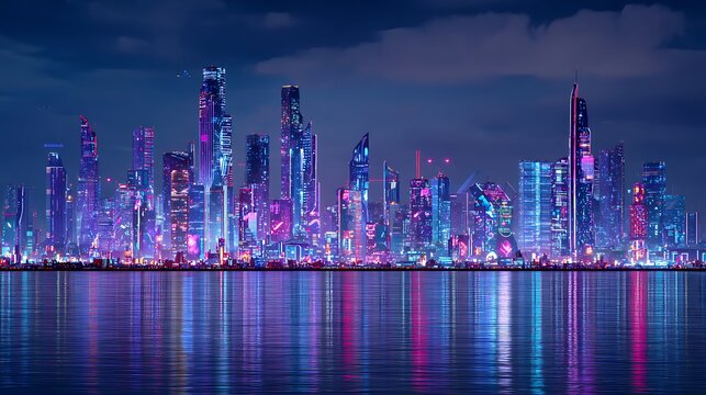 Pink and purple illuminated skyscrapers reflecting on calm water at night reflection