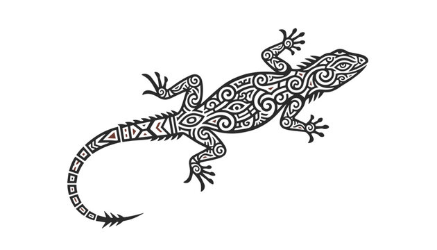 Intricate black and white tribal graphic of a lizard decorated with traditional Polynesian and Maori inspired patterns.