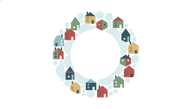 Circular wreath composed of colorful cartoon houses in various shapes representing community and neighborhood themes.