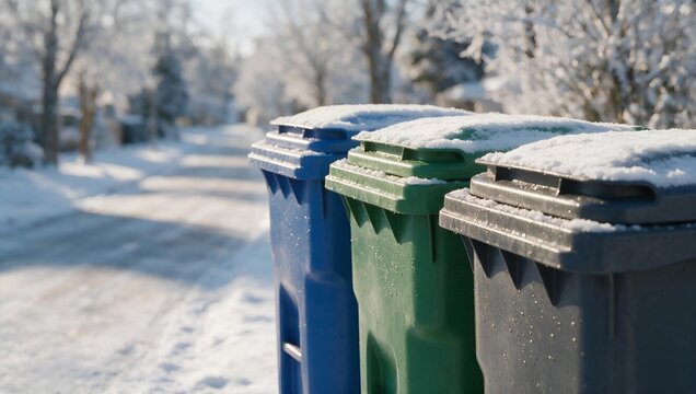 Row of Colorful Waste Bins Lined up on a Residential Street Covered in Fresh Winter Snow