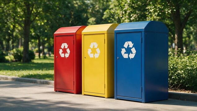 Colorful Recycling Bins for Sustainable Waste Management Placed in a Sunny City Park Setting