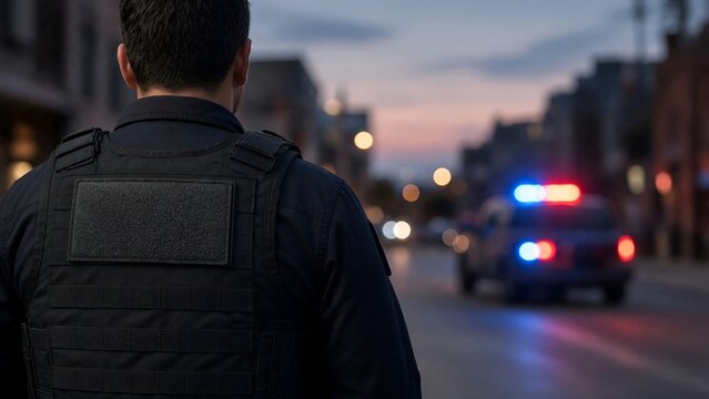 Police Officer Wearing Tactical Gear Standing on Street with Patrol Car Emergency Lights