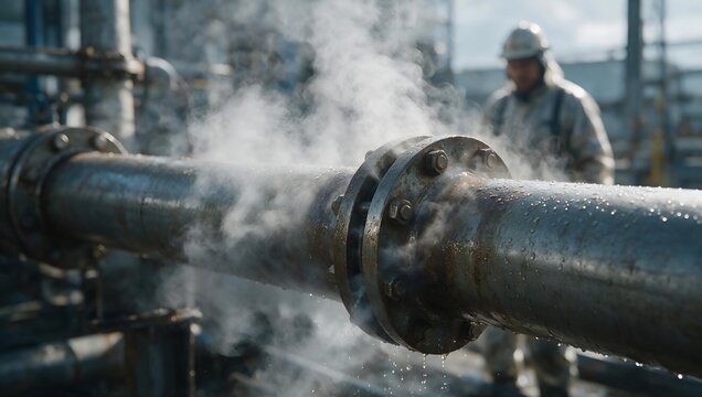 Industrial Plant Worker Monitoring High Pressure Steam Leakage on Steel Pipeline Infrastructure