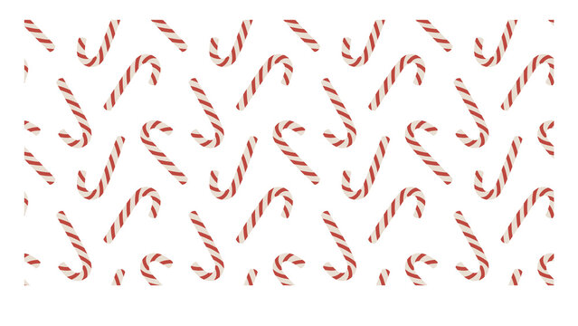 Christmas candy cane pattern on white background. Festive red and white striped sweets. Holiday wallpaper for seasonal gift wrapping.