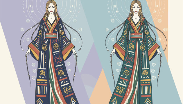 Two beautiful fantasy women wearing traditional long robes adorned with tribal geometric patterns and long braids.