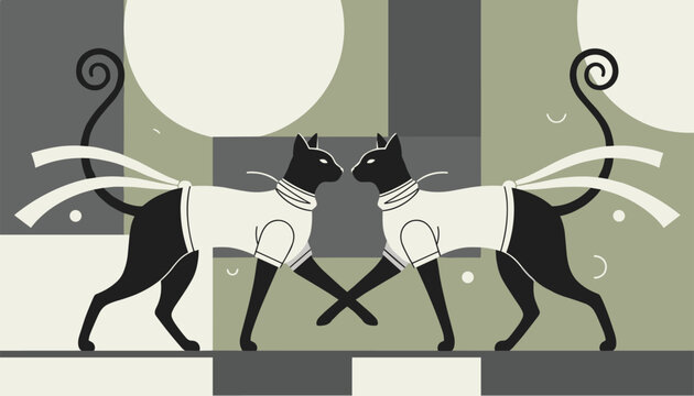 Symmetrical abstract geometric illustration of two sleek black cats wearing white tshirts walking toward each other.