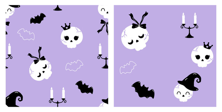 Seamless Halloween skull pattern featuring playful white skulls with bows, crown and witch hat, black bats, and elegant candle holders on a soft purple background in hand drawn flat vector style.