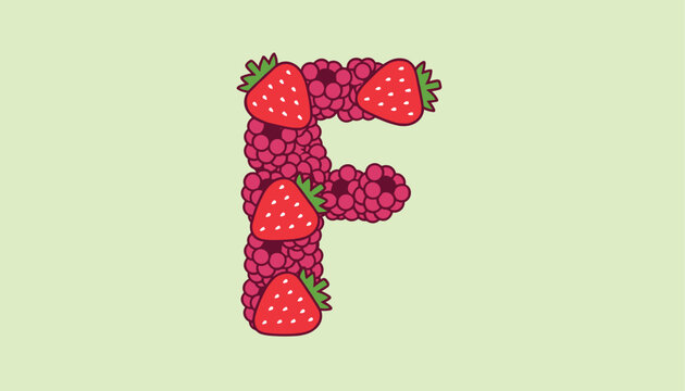 Capital letter f monogram formed by pink raspberries and decorated with fresh red strawberries with green leaves.