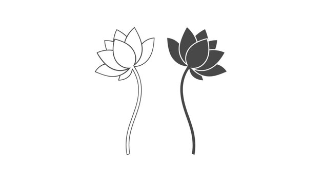 Two elegant lotus flowers on tall wavy stems presenting one detailed outline version and one solid grey silhouette.