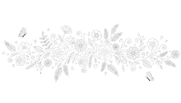 Detailed black and white line art illustration of a beautiful wildflower border garden with flying butterflies.