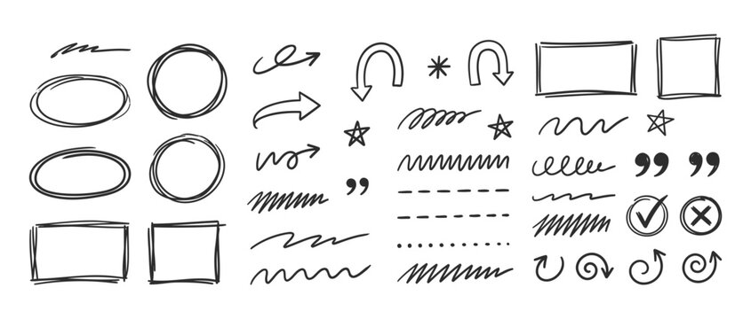 Collection of hand drawn sketchy design elements arrows and frames with set of doodle style vector frames