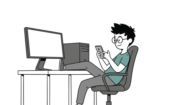 Young boy relaxing in an office chair with his feet on the desk while using a smartphone next to a computer monitor.