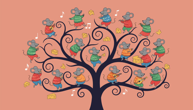 Whimsical illustration of cute little mice wearing sweaters, playing musical instruments and eating cheese in a tree.