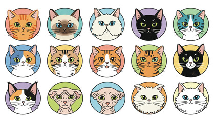 Fototapeta premium Collection of fifteen different cat breed avatars in circular frames, showing various colors and facial features.