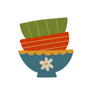 Stack of three colorful decorative bowls with floral and striped ornaments. Hand drawn kitchen tableware illustration in blue, red, green and orange, isolated on white background
