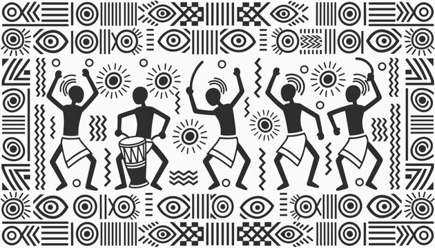 Traditional black and white African tribal pattern showing dancers, a drummer, and geometric symbols, seamless border design.