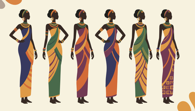 Elegant illustration of six African women wearing beautiful traditional dresses in different warm color combinations.