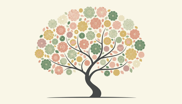 Beautiful decorative tree with a dark trunk and branches, adorned with colorful round blossom flowers on a cream background.