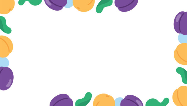 Fresh and colorful border template made of ripe peaches, plums, and green leaves on a clean white background, copy space.