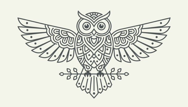 Symmetrical black and white line art of a wise owl with wings spread wide, perched on a branch on cream backdrop.