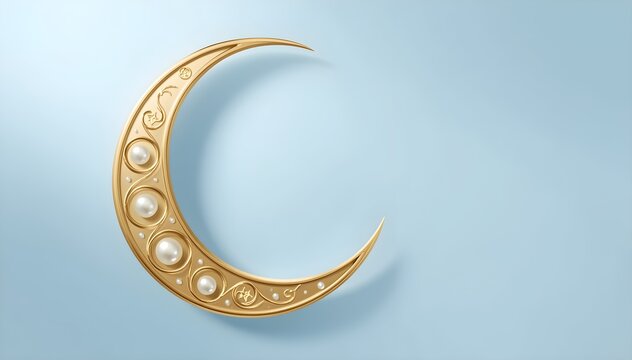 Golden crescent ornament with pearl details, soft blue background, elegant celestial design
