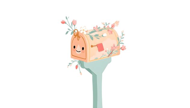 Cute pastel mailbox decorated with tiny flowers, clean background, charming modern composition