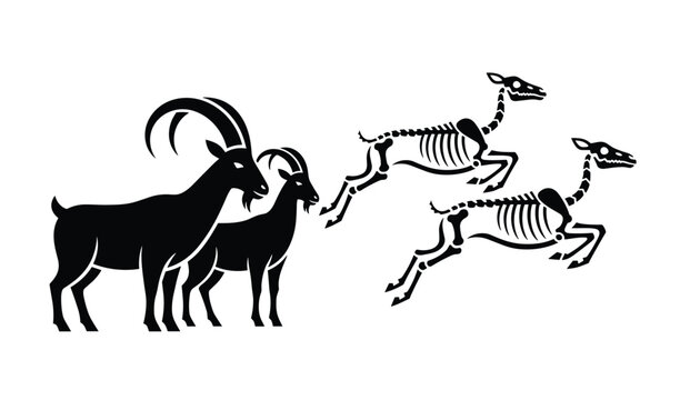 Contrast illustration showing live black ibex silhouettes on the left and running animal skeletons on the right.