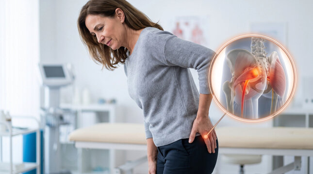 Woman with Hip and Sciatic Nerve Pain, Piriformis Syndrome Concept