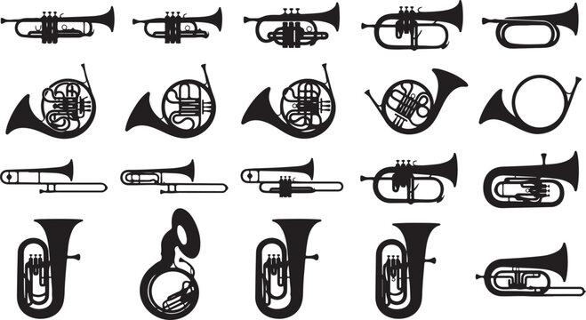 Set of black silhouettes of brass musical instruments including trumpets, french horns, trombones, and tubas on a white background