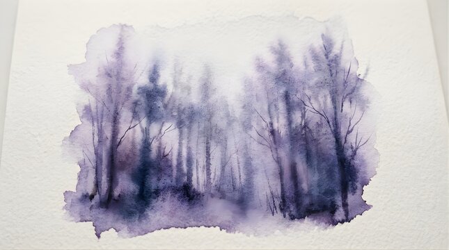 Purple watercolor forest landscape painting on textured white paper