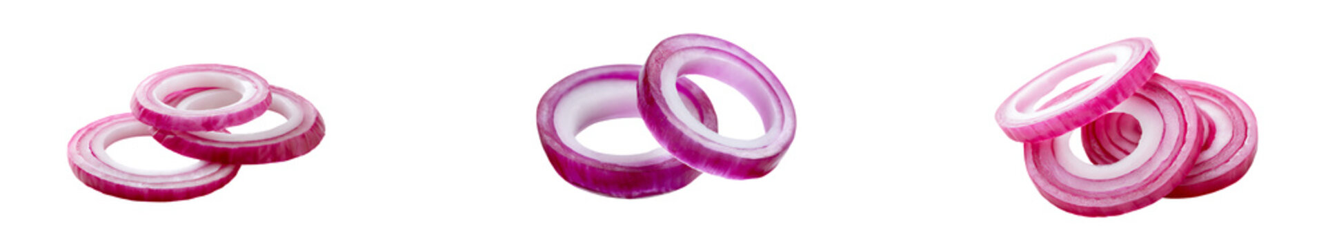 Set of fresh red onion rings isolated on transparent background