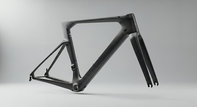 Sleek Carbon Fiber Bicycle Frame and Fork on White Background.
