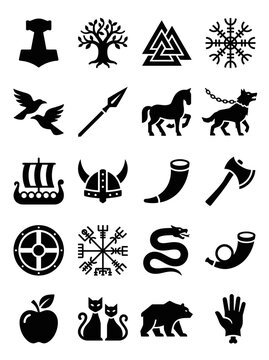 Norse Mythology Icons Set with Viking Symbols and Nordic Folklore