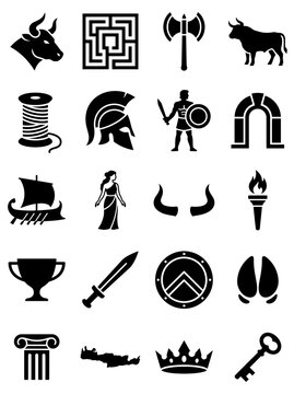 Ancient Greek Mythology and Minotaur Vector Icon Set