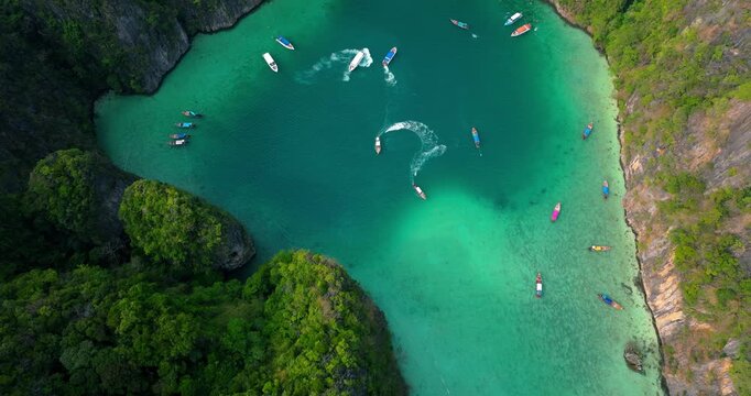 Aerial Panorama of Pi Leh Bay and Crystal Clear Andaman Sea &ndash; Thailand Nature Landscape