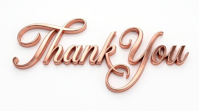 Shiny rose gold metallic thank you text on white background