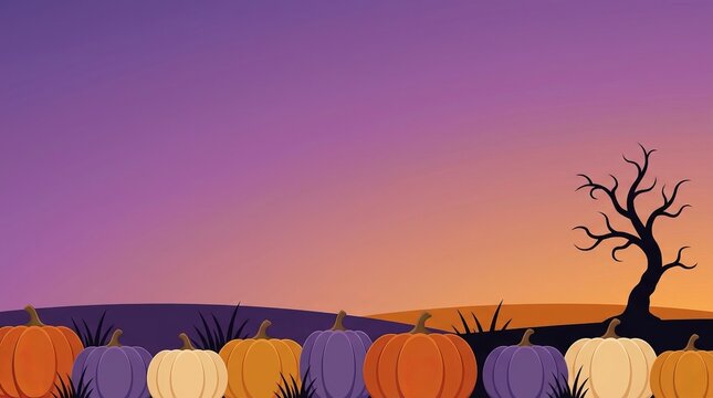 Colorful pumpkin patch background under purple dusk sky with spooky bare tree illustration