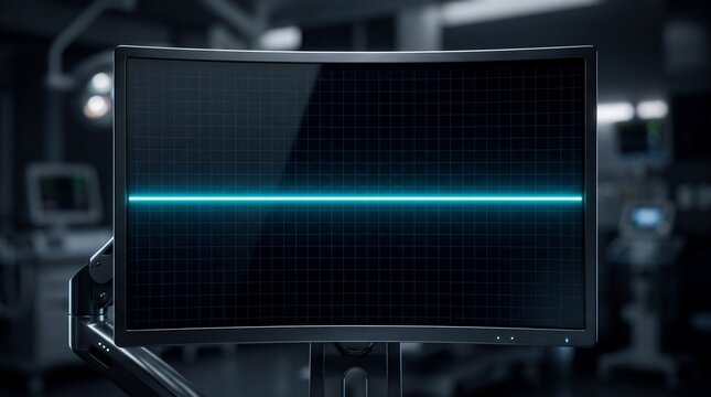 Medical monitor screen showing a flatline heart rate in a dark hospital operating room