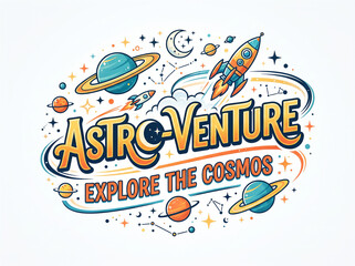 Fototapeta premium Retro Astro Venture Cosmos Emblem with Rocket Ship Planets and Stars Typography