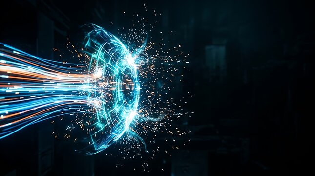Futuristic energy shield deflecting fast moving data streams and glowing particle sparks