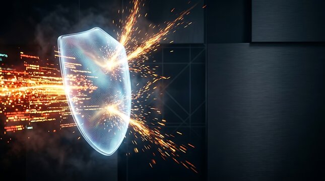 Cyber security shield blocking incoming data streams with sparks and digital explosions