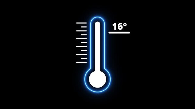 Glowing Neon thermometer icon Indicates weather temperature 16&deg;C. Thermometer equipment showing hot or cold weather. Neon blue thermometer icon with temperature.