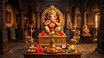 Fototapeta premium Lord Ganesha seated on ornate brass pedestal in historic Indian temple interior with glowing lamps