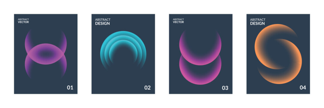 Abstract digital art series featuring colorful geometric shapes and fluid light effects on dark backgrounds Vector illustration. 