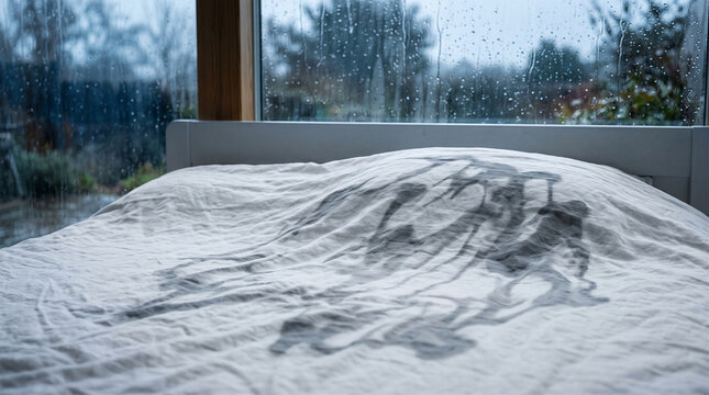 Raindrops on window casting abstract shadows on a white bed sheet in a cozy bedroom