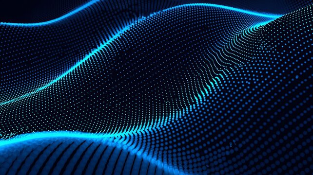 Abstract digital background, featuring a wave, of glowing blue, dots arranged in, a3d, grid pattern creating, a sense of, data flow, technology, connectivity, and futuristic, network visualization