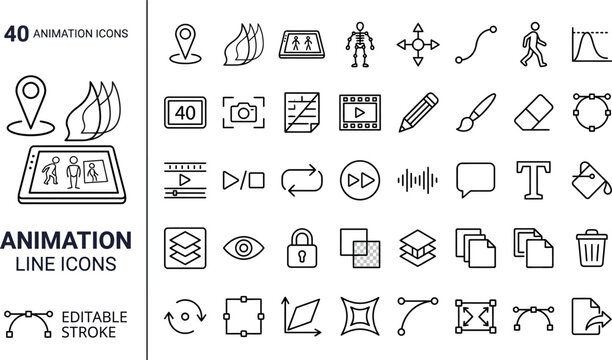 40 Editable Stroke Animation Line Icons Set Featuring Location Marker Fire Flame Tablet Characters Skeleton Arrows Playback Controls Camera Film Pencil Paintbrush Sound Speech Bubble Trash Bin Lock