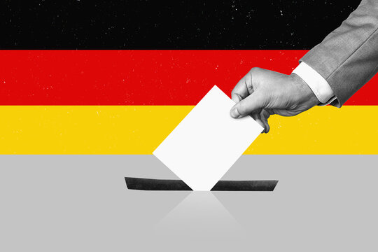 Human hand putting a red ballot paper into the ballot box with the German flag in the background. Political election, flat designed concept.
