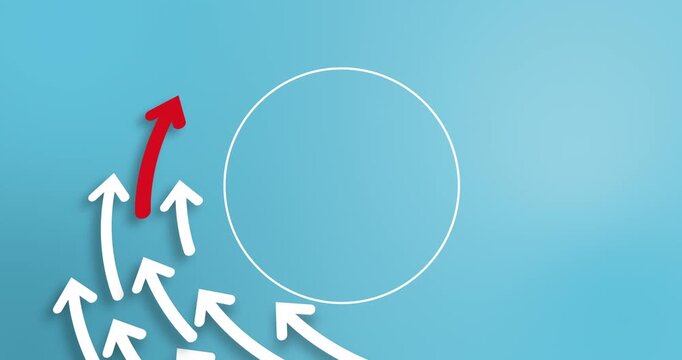 Red Arrow Leading Upward Among White Arrows on Blue Background &mdash; Leadership Growth and Strategy Concept; Looping